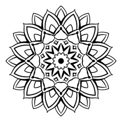 Vector mandala coloring book page for adults. Ornamental round floral lace outline black contour on white. Flower, nature elements, geometric symmetry, ethnic style, lace pattern template for art.