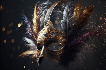 Realistic festive background with ornate masquerade carnival mask, feathers, sequins and confetti. Generative Ai