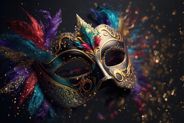 Realistic festive background with ornate masquerade carnival mask, feathers, sequins and confetti. Generative Ai