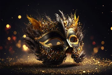 Foto auf Alu-Dibond Realistic festive background with ornate masquerade carnival mask, feathers, sequins and confetti. Generative Ai © makstorm