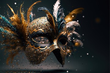 Realistic festive background with ornate masquerade carnival mask, feathers, sequins and confetti. Generative Ai