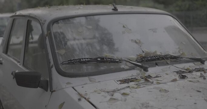 Very old and dirty car front with leafs in late autumn slow motion 4K F-LOG2 video format