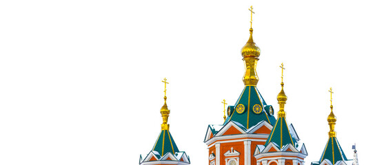 Obraz premium Orthodox domes with crosses of Holy Cross Cathedral of the Assumption Brusensky Convent isolated on white background with copy space. Holy Cross Cathedral in Kolomna, Moscow region