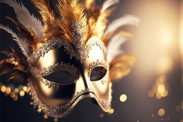 Realistic luxury carnival mask with yellow  feathers. Abstract blurred background, gold dust, and light effects. Generative Ai