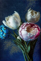Peonies and tulips bouquet. Valentines day or weeding day post card. Purple, pink, white, blue and rosy colors. Generative ai