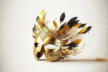 Gardinen Realistic luxury carnival mask with  feathers, gold dust, and light effects. Generative Ai. © makstorm