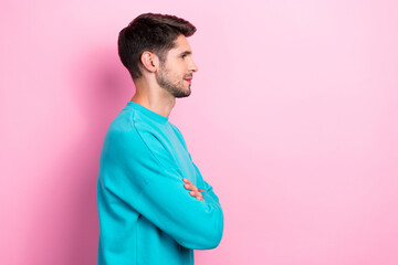 Photo portrait of attractive young guy folded arms shopping outfit discount wear trendy blue garment isolated on pink color background