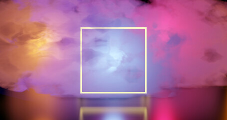 neon light frame on 3d colored smoke, 3d render dimensional door frame, frame on colored smoke background.