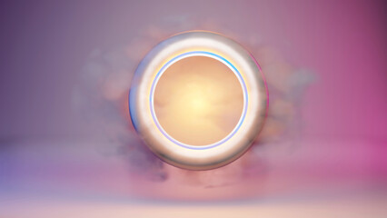 neon rings on colorful smoke background 3d render design, space gate, pink smoke background.