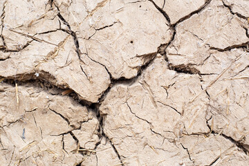 Texture of a cracked wall made of straw and clay. Background for text