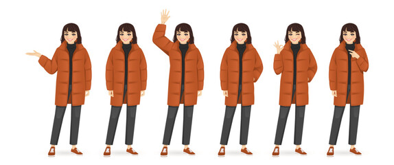 Young beautiful woman in warm puffy jacket. Winter or autumn clothes isolated vector illustration