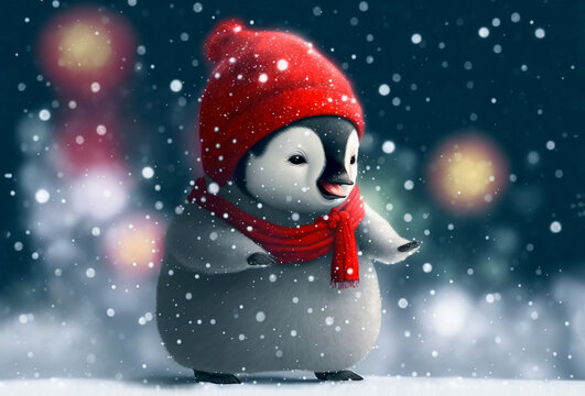 A baby penguin in red knit cap and scarf dancing in the snow, created with Generative AI.