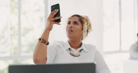Phone, problem and angry black woman on office with technical glitch, error and network issue at work. Communication, technology and frustrated female worker with no service connection on smartphone - Powered by Adobe
