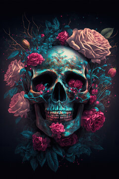 Human skull and flowers on a black background. AI