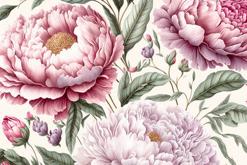 Beautiful peonies, abstract floral design in pastel colors for prints, postcards or wallpaper. AI
