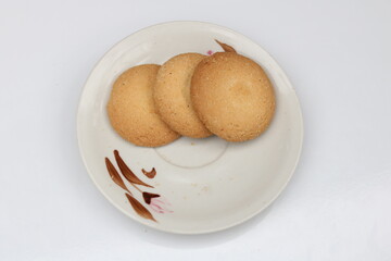 Three biscuit cookies isolated round crispy,biscuit isolated plate on white  background.