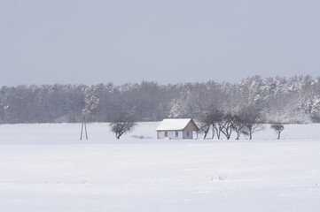 Samotny zaśnieżony domek zimą.