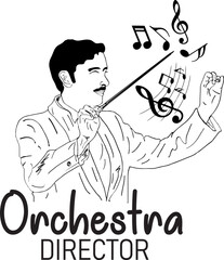 Music orchestra conductor logo, Conductor hands with baton, Man conducting an orchestra sketch drawing illustration, Musical arranger mascot, hand holding music stick, Music conductor vector silhouett - obrazy, fototapety, plakaty