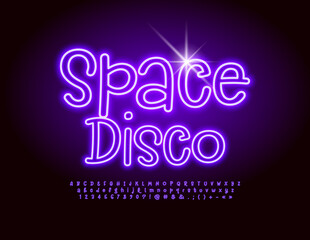 Vector funny banner Space Disco. Playful glowing Font. Neon Alphabet Letters and Numbers set