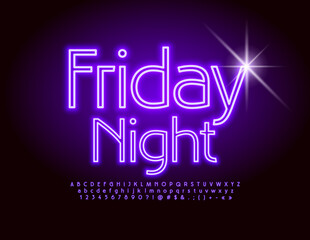 Vector glowing banner Friday Night. Elegant electric Font. Neon Alphabet Letters and Numbers