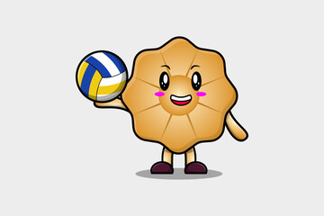 Cute cartoon Cookies character playing volleyball in flat cartoon style illustration