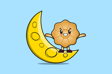 Cute cartoon Cookies character standing on the crescent moon in 3d modern design illustration