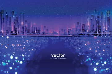 Vector night city illustration with neon glow and vivid colors.