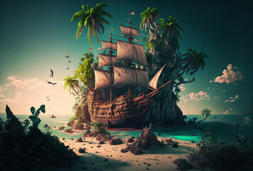 Fototapeta premium Tropical island with a pirate ship in disrepair and a trove of riches. digital representation. Generative AI