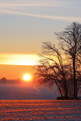 Fototapeta na wymiar sunrisein the morning, orange, yellow, winter snow