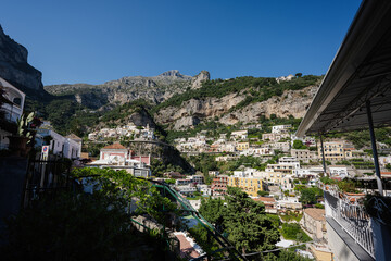 Positano with hotels and houses on hills, in Campania, Italy.