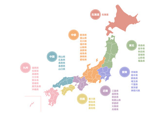 Fototapeta premium 日本地図のイラスト: 日本の地方区分と都道府県