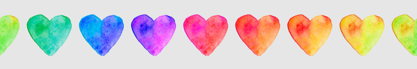 Watercolor hearts colored with rainbow colors. Love and marriage illustration concept on white background. Valentine's Day