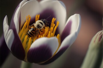 Bee on flower, white and purple tulip. Generative ai. 