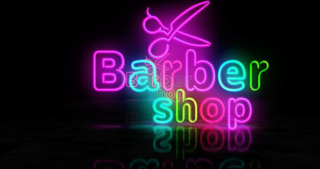 Barbershop and barber shop neon light 3d illustration