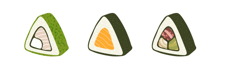 Sketch drawn vector set illustration of sushi roll isolated on white background. Traditional Japanese dishes - onigiri, nigiri, temaki, maki, gunkan. Poster, sign, menu page, flyer, banner