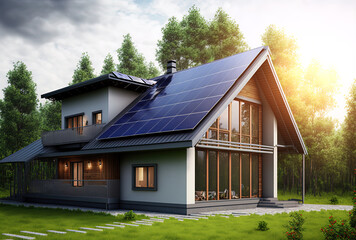 Obraz premium New environmentally friendly home with solar panels as an alternative to traditional energy sources; the battery is charged by a solar cell renewable green energy sustainable living. Generative AI