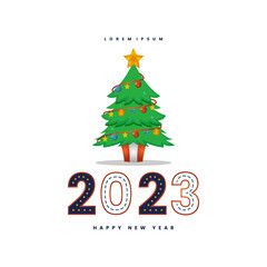 vector illustrations of a decorated Christmas tree and new year 2023 with presents. with gift boxes, star, lights, decoration balls and lamps.