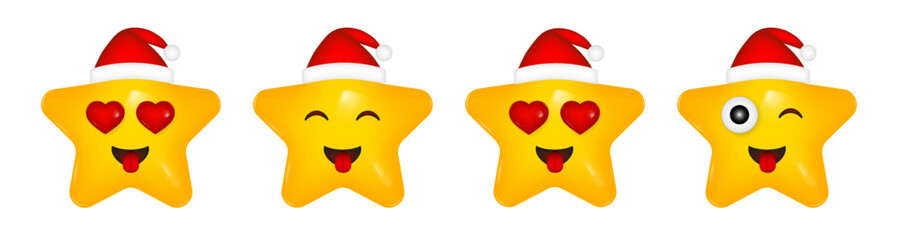 Set of 3d icons. Yellow star with a smiling face. Happy cartoon character. Christmas hat. Happy New Year. Emoji. Laughing face showing tongue. Wink