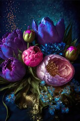 Obraz na płótnie Canvas Peonies and tulips bouquet. Purple, pink and rosy colors. Valentines day or weeding day post card. Generative ai. 