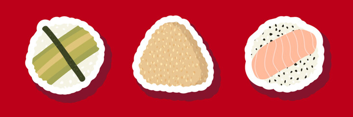 Sketch drawn vector set illustration of sushi sticker isolated on red background. Traditional Japanese dishes - onigiri, nigiri, temaki, maki, gunkan. Poster, sign, menu page, flyer, banner