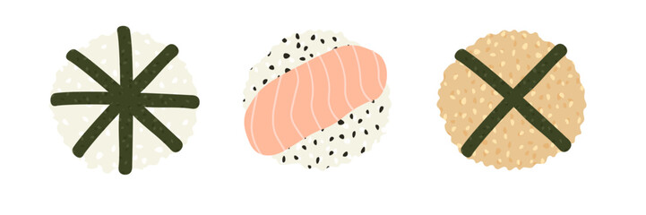 Sketch drawn vector set illustration of sushi roll isolated on white background. Traditional Japanese dishes - onigiri, nigiri, temaki, maki, gunkan. Poster, sign, menu page, flyer, banner