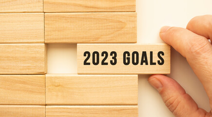 Hand holds a wooden cube with the text 2023 GOALS .