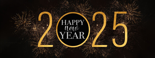 2025 Happy New Year holiday Greeting Card banner - Golden glitter year and circle with text,  firework fireworks pyrotechnics on black night sky texture background