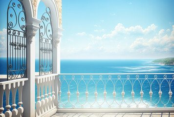 Vacation inspiration summer vista with traditional white railing and empty patio overlooking the Mediterranean Sea. Text space is available. Generative AI