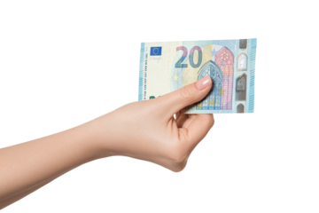 20 euro banknote in a female hand, isolate