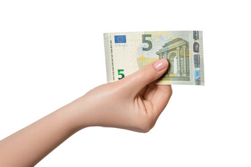 5 euro banknote in a female hand, isolate