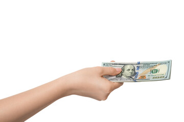 100 dollar banknotes in a woman's hand, isolate