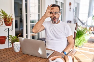 Middle age man using computer laptop at home doing ok gesture shocked with surprised face, eye looking through fingers. unbelieving expression.