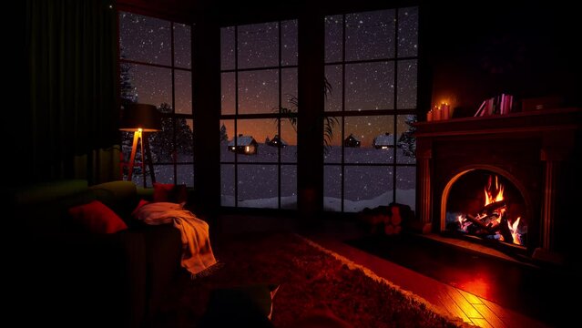 A cozy, burning fireplace in a warm room in a winter, forest house against the backdrop of a sunset with slowly falling snow. Concept, cozy atmosphere, warmth and love.