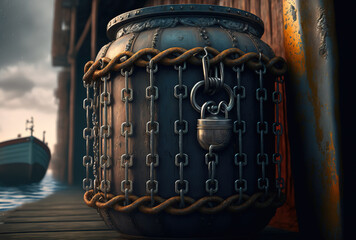 Vertical shot shows a barrel on the boat's side with metal chains attached to it. Generative AI